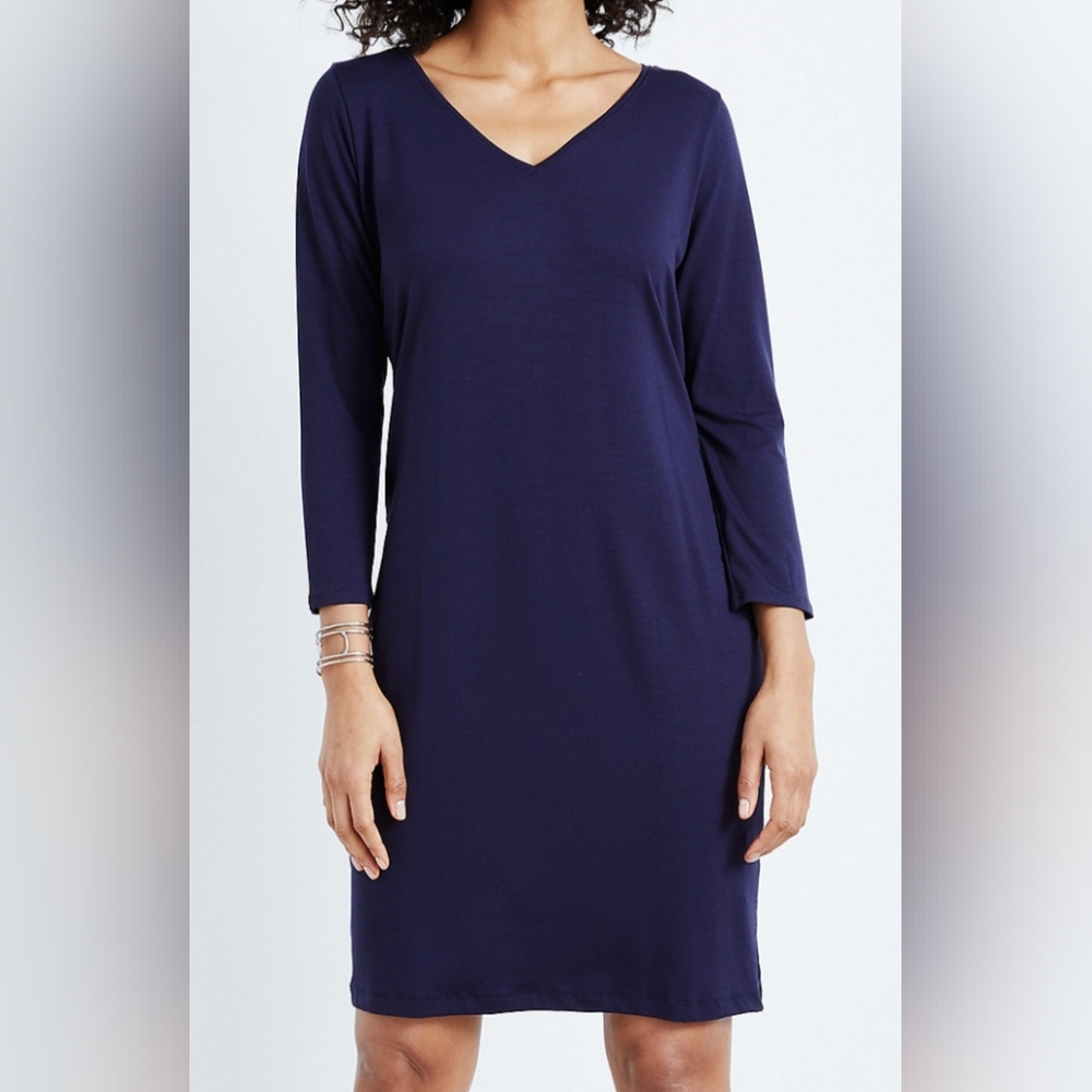 Eileen Fisher Navy V‑Neck Long Sleeve Shift Dress